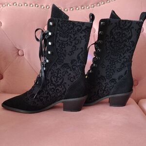 Killstar Black Velvet Lace-Up Boots